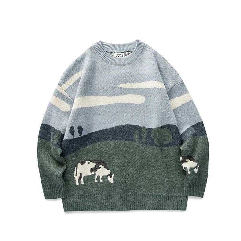 Cows Print Retro Graphic Knitted Sweater
