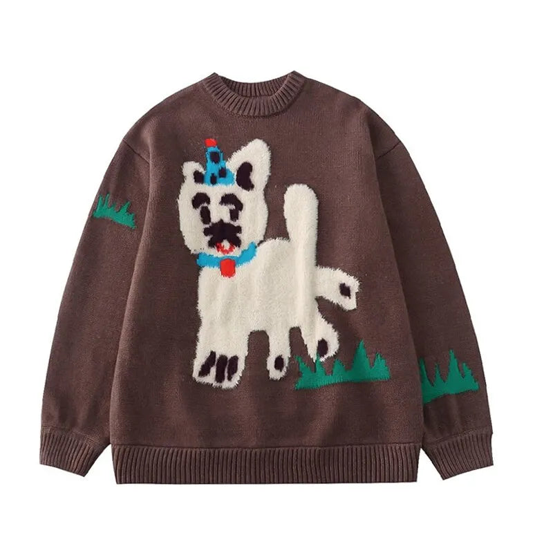 Retro Brown Puppy Embroidery Knitted Sweater