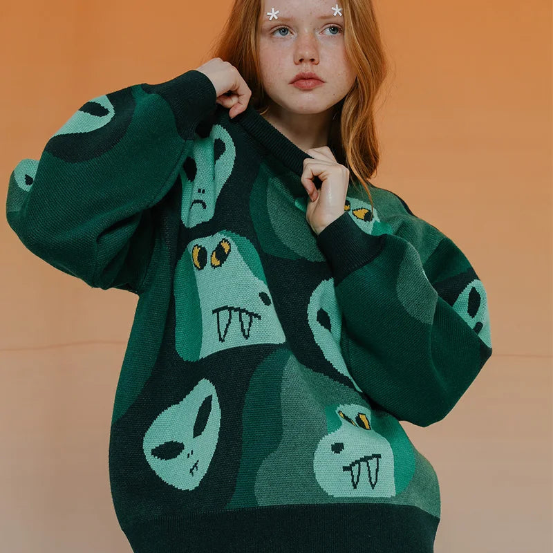 HOUSEOFSWEATERS Retro Green Monster Graphic Sweater